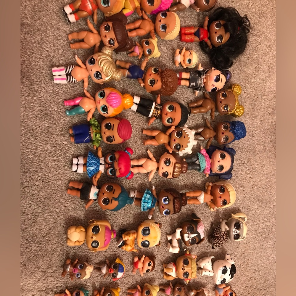 A bunch of lol dolls,babies and pets.A whole lot of accessories